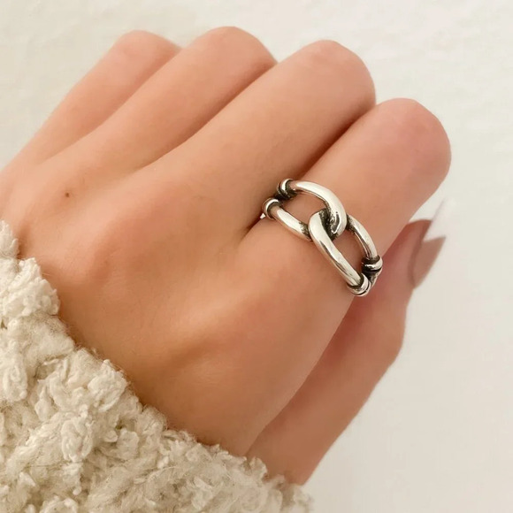 925 Sterling Silver Minimalist Ring Chain Ring Dainty Ring Band Buckle Ring - Picture 1 of 9
